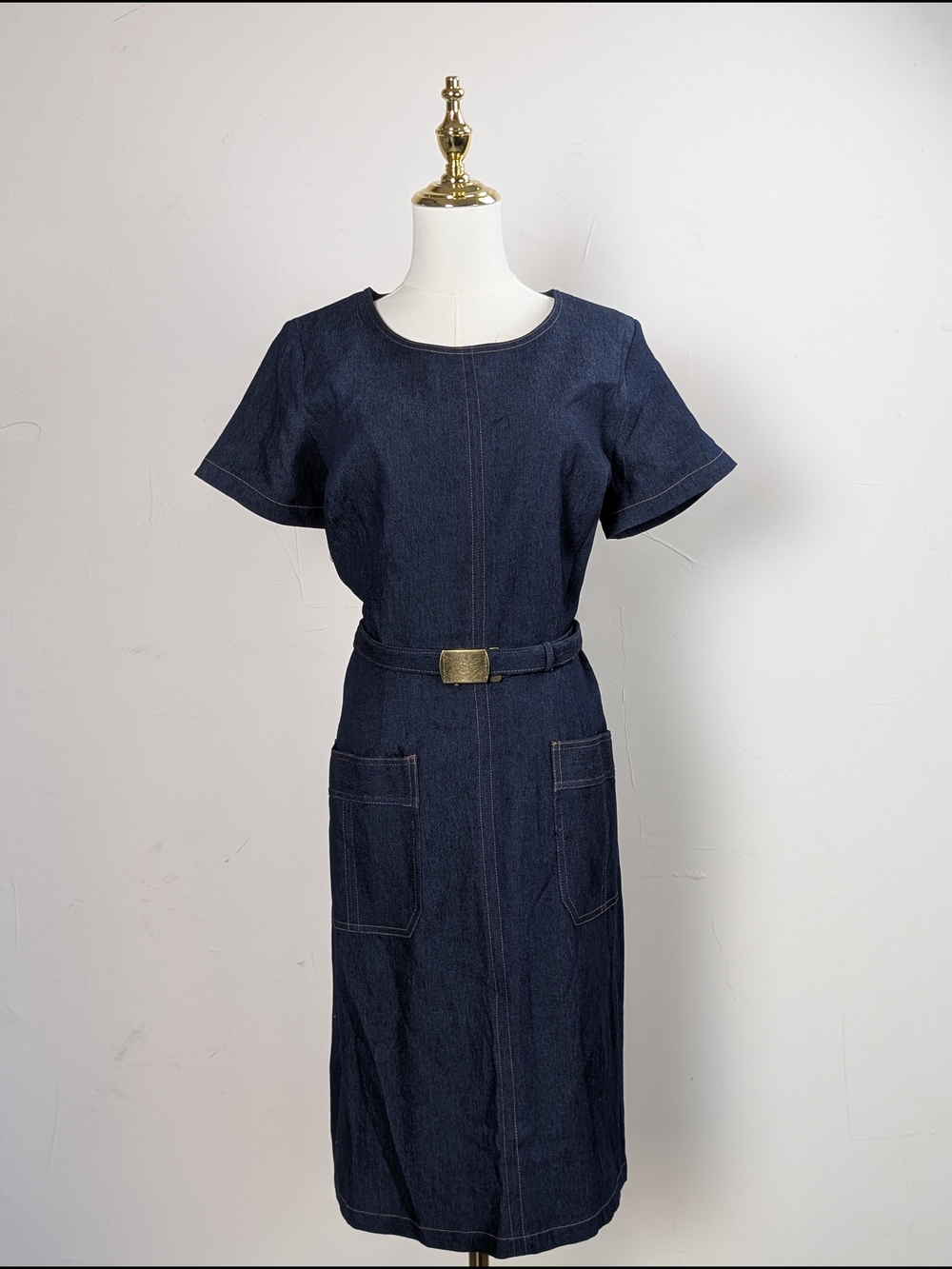 Chic Shelby & Palmer Belted Denim Midi Dress in Dark Blue Corporate Chic